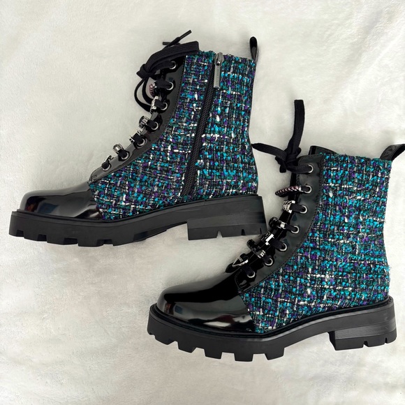 KARL LAGERFELD Mela Black and Blue Tweed Embellished Combat Boots--NWT--7 - Picture 5 of 16